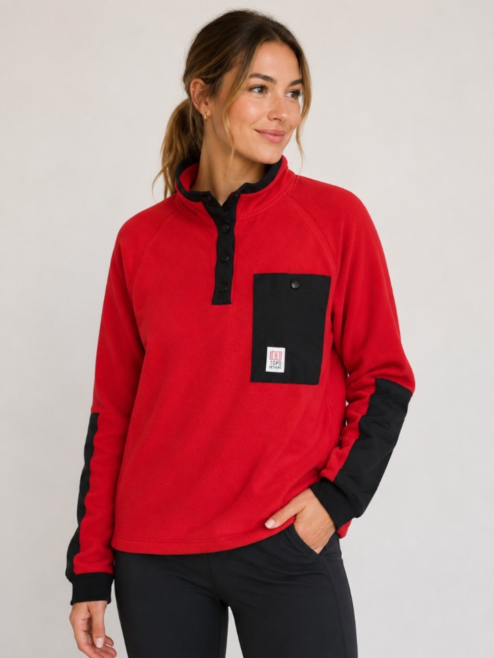Topo Designs Polartec Fleece Pullover Women's M Red Black Snap Pocket Jacket